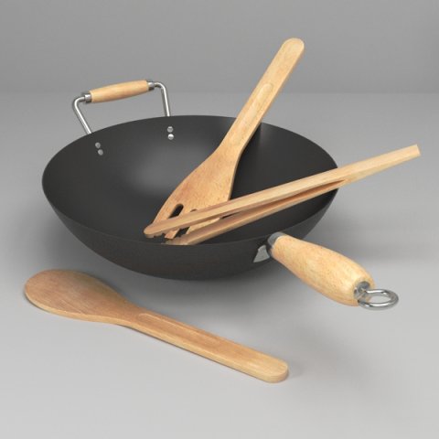 wok and utensils 3D 模型 .c4d .max .obj .3ds .fbx .stl .blend 