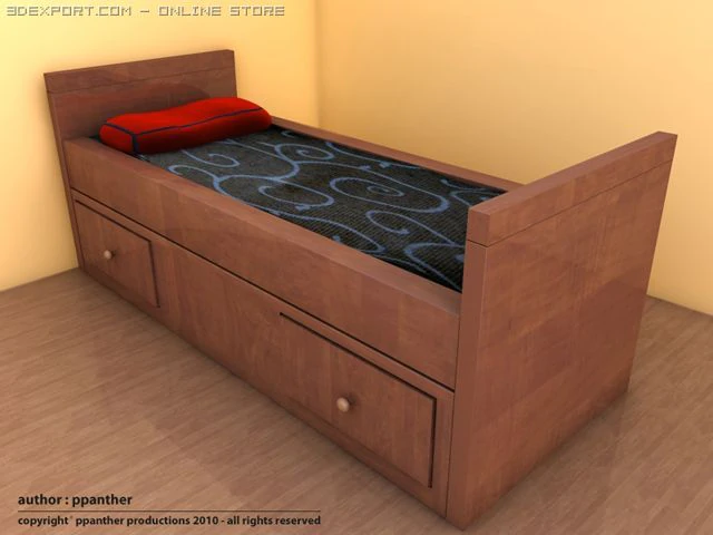 woody bed with drower 3D Model .c4d .max .obj .3ds .fbx .stl .blend