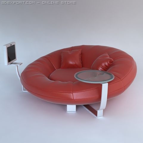 red leather sofa with pillows and tv 3D 모델 .c4d .max .obj .3ds .fbx .stl .blend 