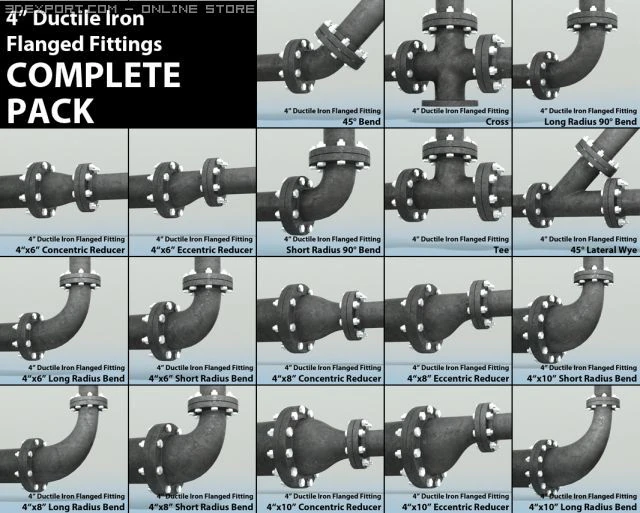 pipes pack 4 ductile iron flanged fittings 3D Model .c4d .max .obj .3ds .fbx .stl .blend 