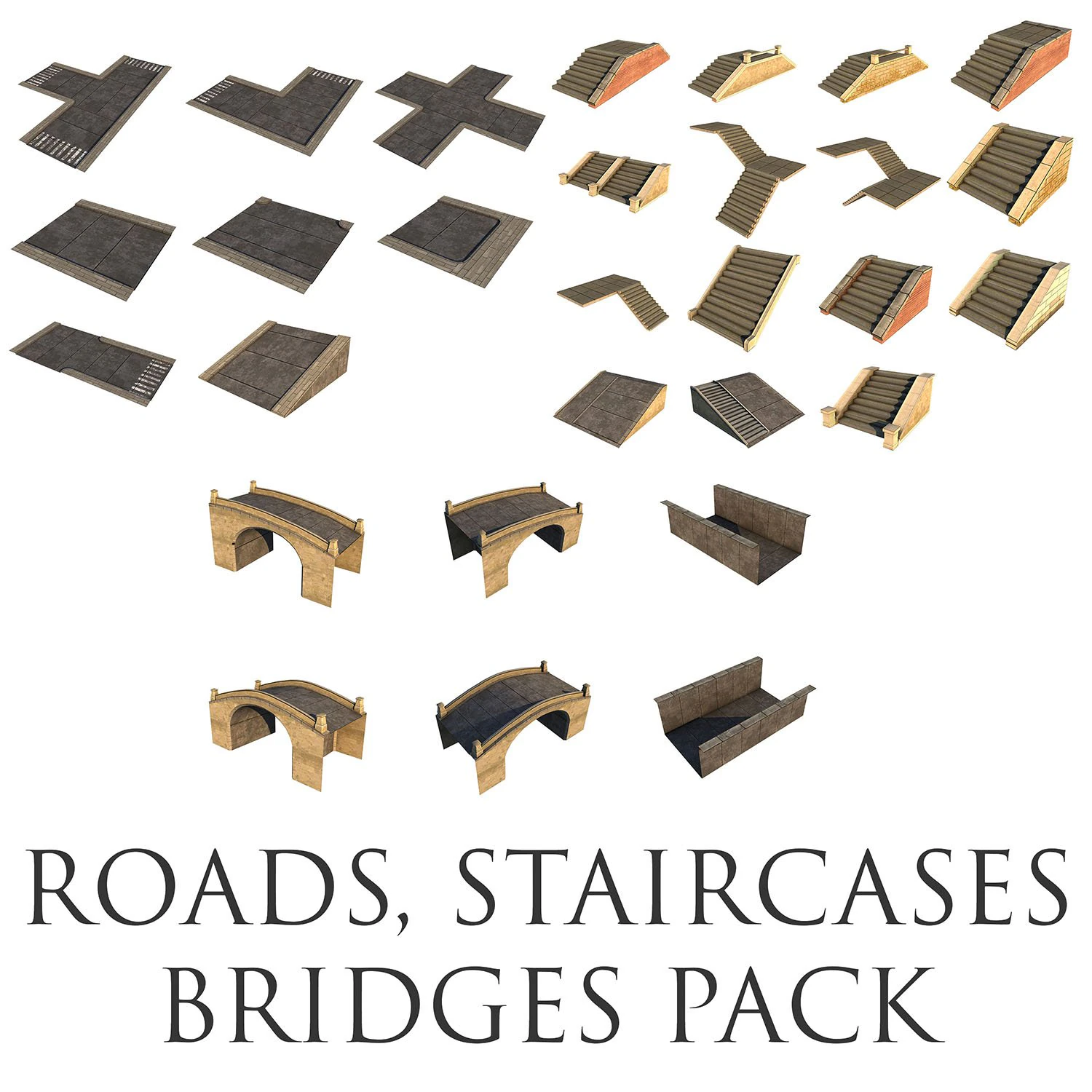 low poly roads staircases and bridges pack 3D Model .c4d .max .obj .3ds .fbx .stl .blend 