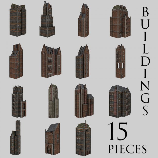 urban buildings pack 15 pieces 3D Model .c4d .max .obj .3ds .fbx .stl .blend 