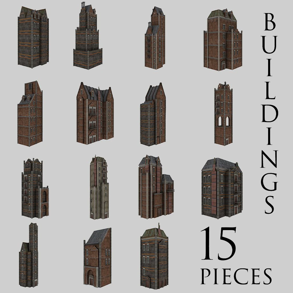 urban buildings pack 15 pieces 3D Model .c4d .max .obj .3ds .fbx .stl .blend 