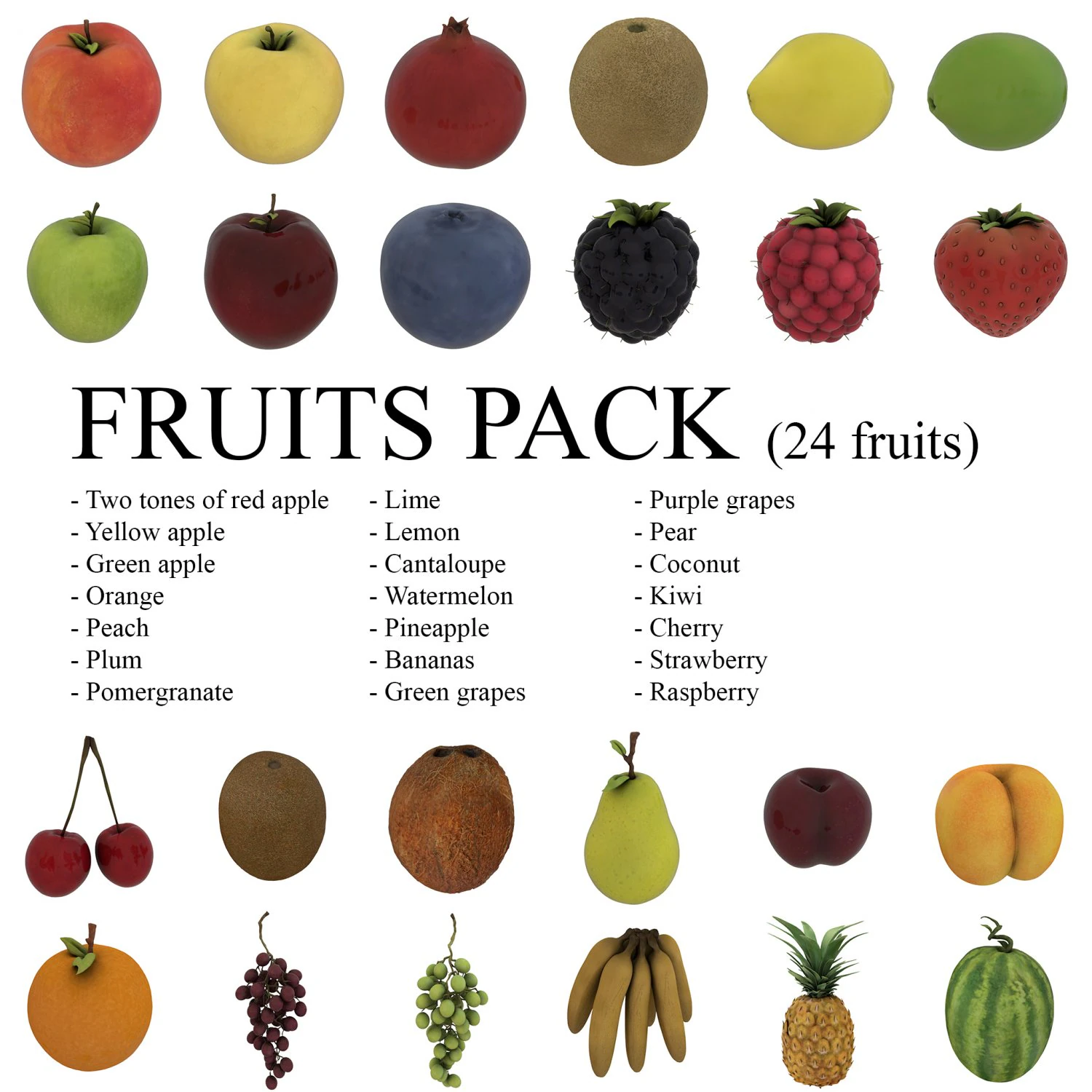 fruits pack - 24 fruits 3D Model .c4d .max .obj .3ds .fbx .stl .blend 
