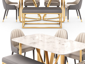 Modern Rectangle Faux Marble Dining Table Gold Set 3D Model
