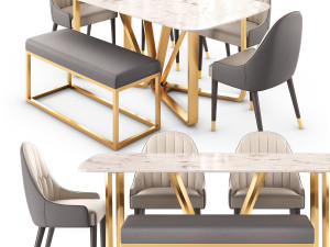 Modern Rectangle Faux Marble Dining Table Gold Set 3D Model