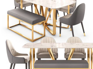 Conjunto moderno de mesa de jantar em m&aacute;rmore falso retangular dourado Modelo 3D