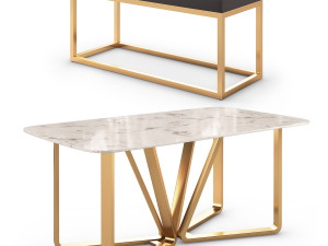 Modern Rectangle Faux Marble Dining Table Gold Set 3D Model