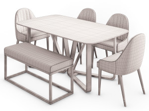 Modern Rectangle Faux Marble Dining Table Gold Set 3D Model