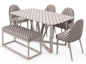 Modern Rectangle Faux Marble Dining Table Gold Set 3D Model