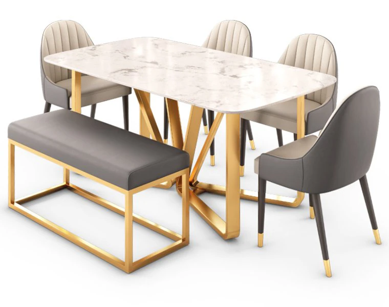 Conjunto moderno de mesa de jantar em mármore falso retangular dourado Modelo 3D .c4d .max .obj .3ds .fbx .stl .blend