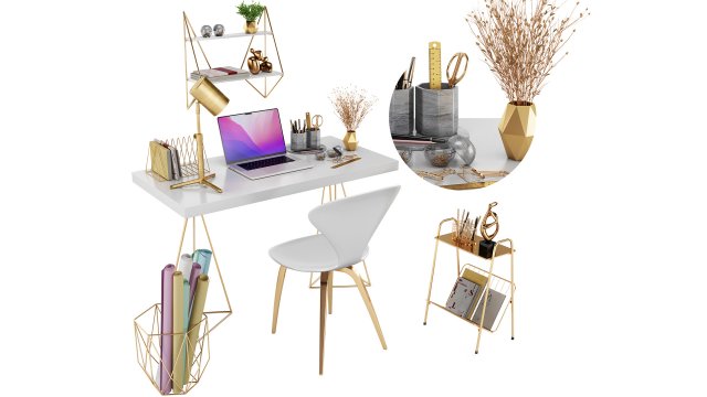 Golden Workplace Set 01 Model 3D .c4d .max .obj .3ds .fbx .stl .blend 