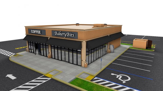 commercial - business - drive-thru - building with sidewalk and parking lot Modelo 3D .c4d .max .obj .3ds .fbx .stl .blend