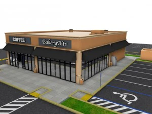 commercial - affaires - service au volant - immeuble avec trottoir et stationnement Modèle 3D