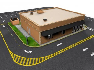 commercial - business - drive-thru - building with sidewalk and parking lot 3D Model
