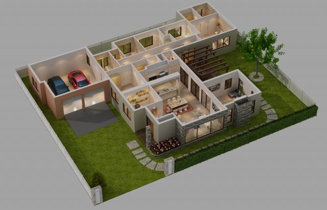 cutaway modern house full furnitures 3D Model .c4d .max .obj .3ds .fbx .stl .blend 