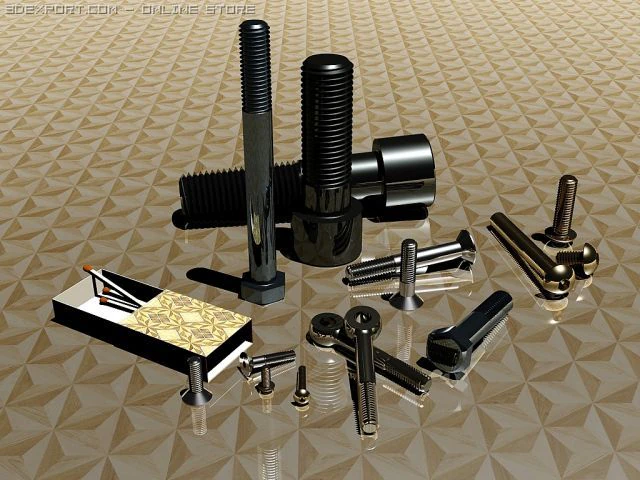 a set of different screw bolts with matches 3D Model .c4d .max .obj .3ds .fbx .stl .blend 