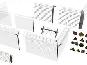 Stacheldrahtz&auml;une, Hindernisse und Warnschilder 3D Modell