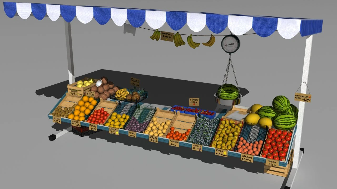fruit stand 3D Model .c4d .max .obj .3ds .fbx .stl .blend 