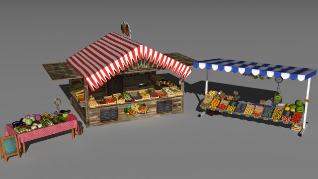 3 farmers market stands 3D Model .c4d .max .obj .3ds .fbx .stl .blend 