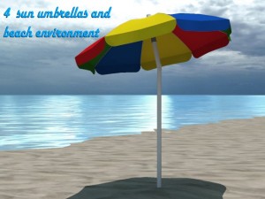 4 beach umbrellas and beach environment Model 3D