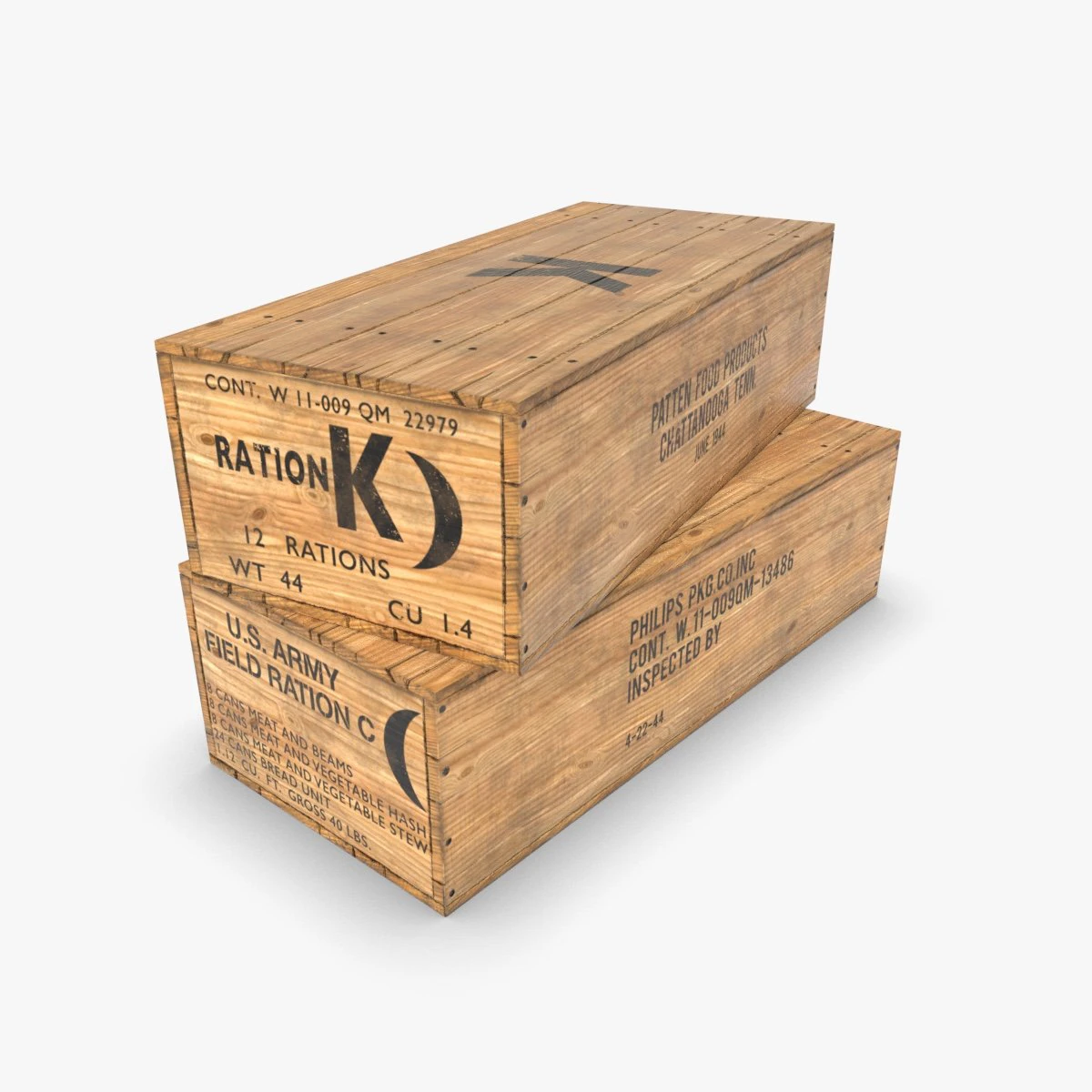 nosotros k y c raciones caja de madera segunda guerra mundial Modelo 3D .c4d .max .obj .3ds .fbx .stl .blend