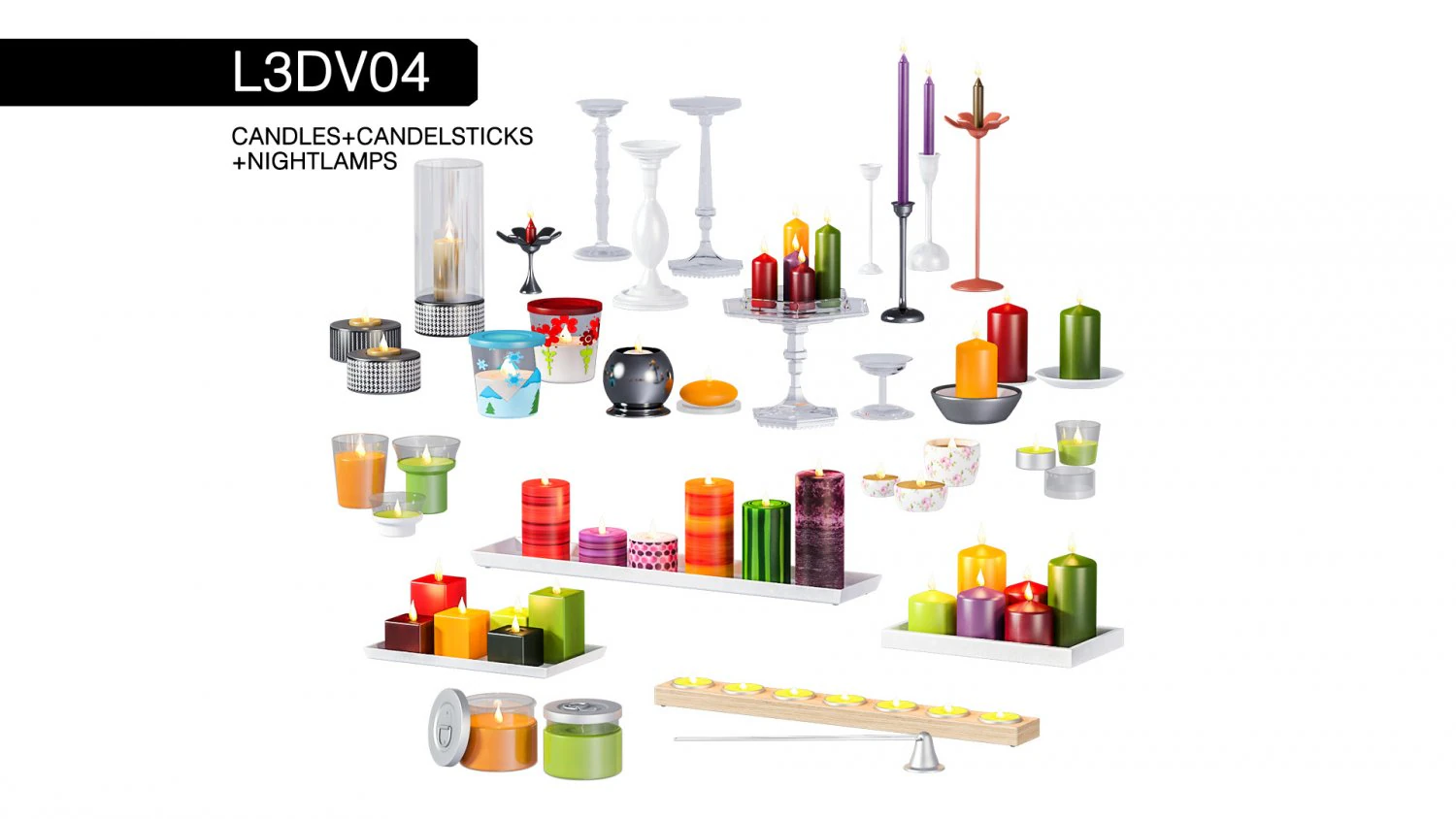 l3dv04g01 - candles candlesticks set 3D Model .c4d .max .obj .3ds .fbx .stl .blend 