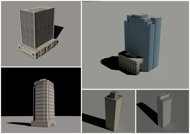 5 low poly skyscrapers 3D Model .c4d .max .obj .3ds .fbx .stl .blend 