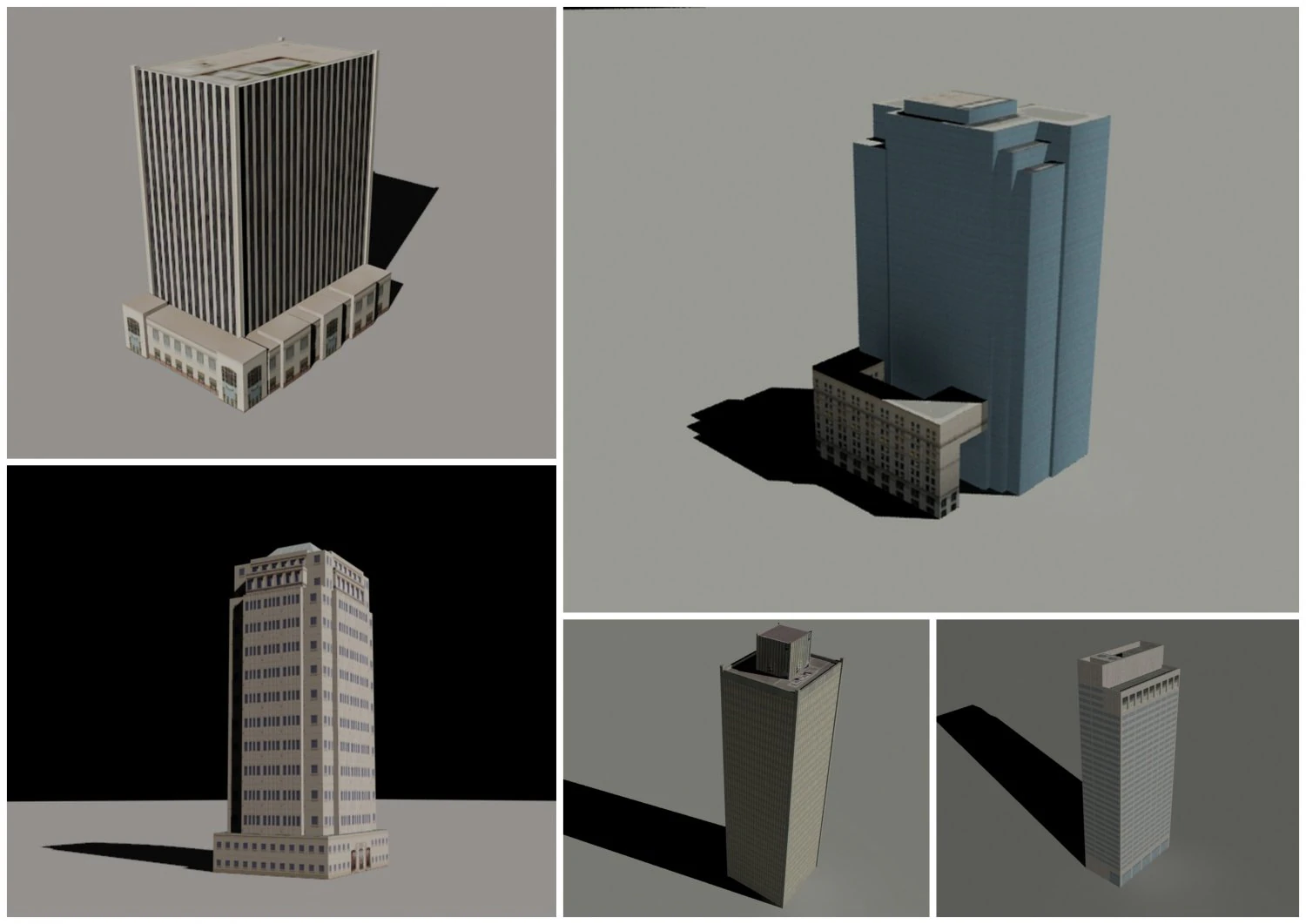 5 low poly skyscrapers 3D Model .c4d .max .obj .3ds .fbx .stl .blend 