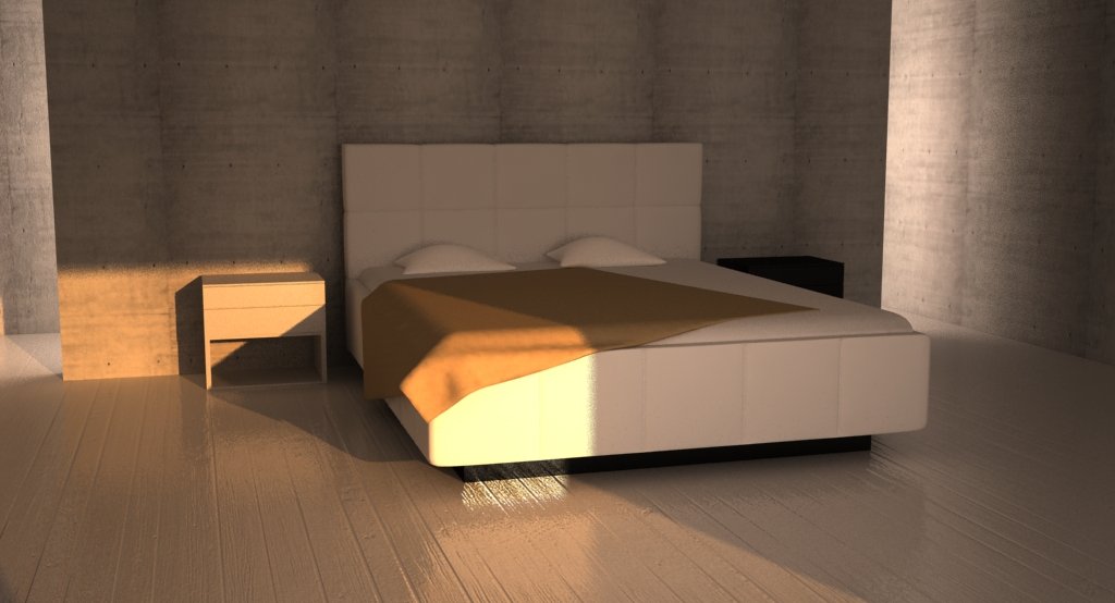 Download a bedroom with a bed and a bedside table