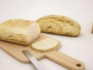 Brot, Brotkastenbrett und Messer 3D Modell