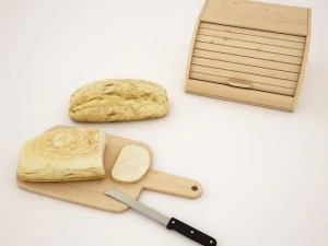 Brot, Brotkastenbrett und Messer 3D Modell