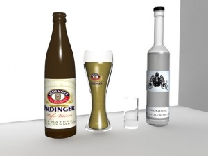 beer and vodka bottle with glass Model 3D