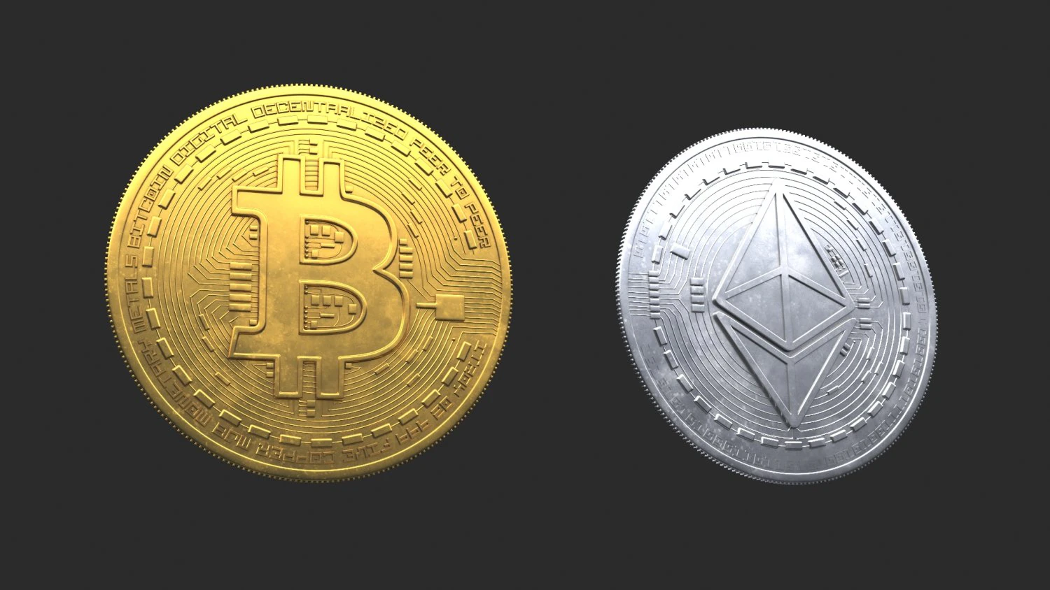 Bitcoin and Ethereum Coins 3D Model .c4d .max .obj .3ds .fbx .stl .blend