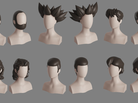 Stylised Man Hair Bundle 3D Model