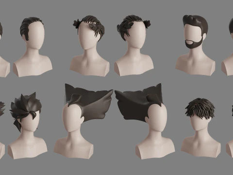 Stylised Man Hair Bundle 3D Model