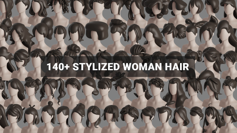Stylised Woman Hair Bundle Model 3D .c4d .max .obj .3ds .fbx .stl .blend 