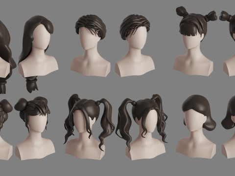 Stylised Woman Hair Bundle Model 3D