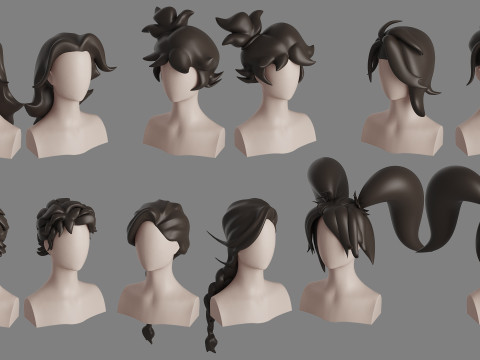 Stylised Woman Hair Bundle Model 3D