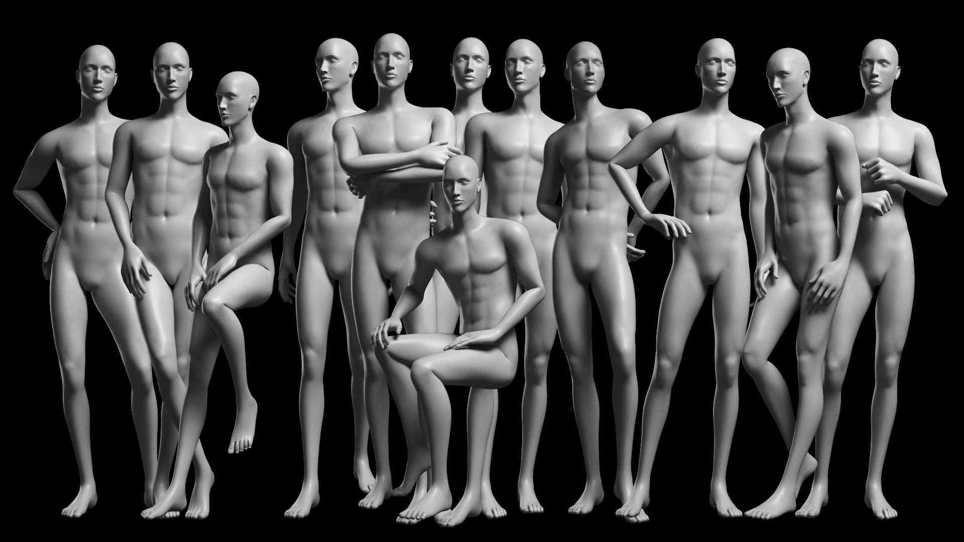 Animated Male Base Mesh v3 - 12 poses Low-poly 3D Model .c4d .max .obj .3ds .fbx .stl .blend 