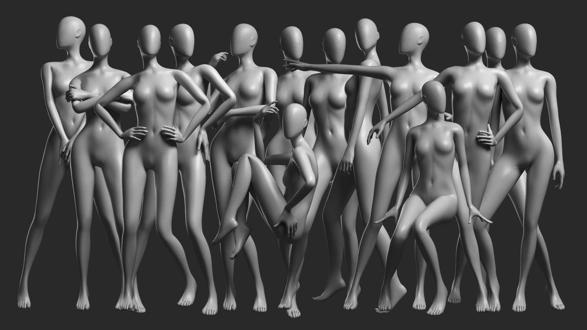 Animated Female Mesh 14 poses v3 Low-poly 3D Model .c4d .max .obj .3ds .fbx .stl .blend