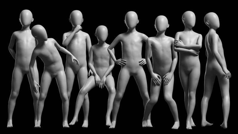 Animated Kid 7-20 Years Base Mesh V3 - 8 poses Low-poly 3D Модель .c4d .max .obj .3ds .fbx .stl .blend 