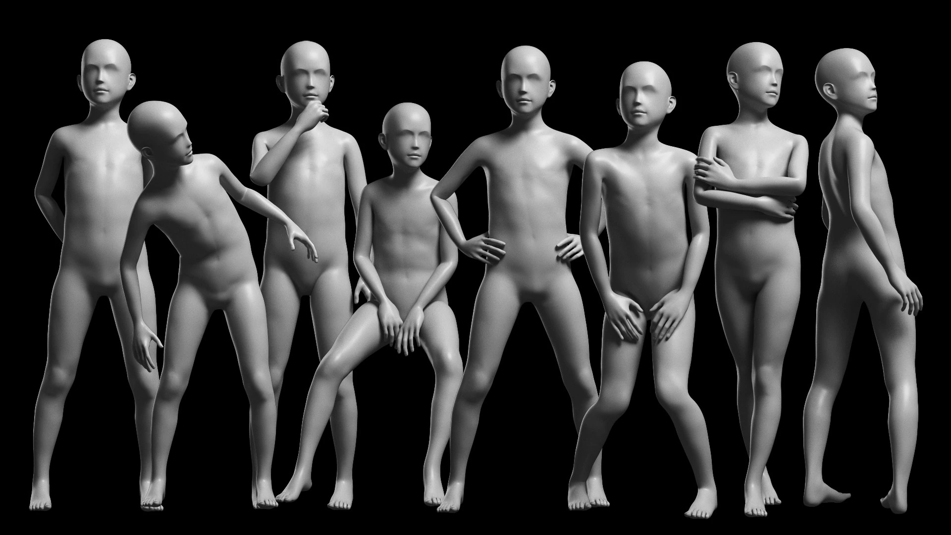 Animated Kid 7-20 Years Base Mesh V2 - 8 poses Low-poly 3D Model .c4d .max .obj .3ds .fbx .stl .blend 