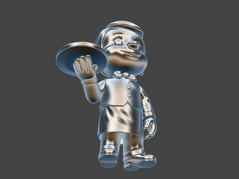 Cartoon Waiter Character 3D Print Model Bow Tie Tray Figurine 3D print model 3D Print Model