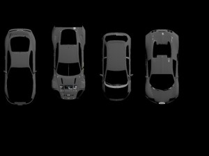 pack of four cars bugatti db9 and racing cars 3D Model