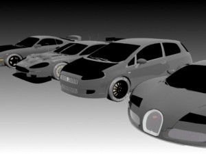 pack of four cars bugatti db9 and racing cars 3D Model