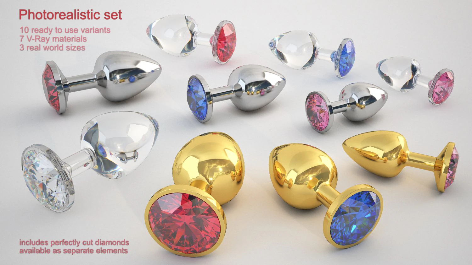 realistic butt plug with diamonds set 3D Model .c4d .max .obj .3ds .fbx .stl .blend 