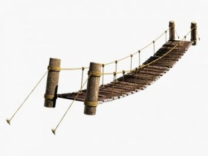 Puente colgante de cuerda y tablones de madera. Modelo 3D