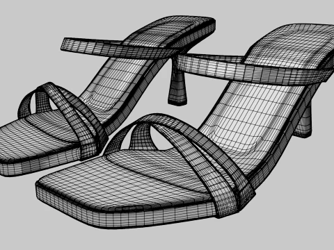 Square-Toe Triple-Straps Spool-Heel Slide Sandals 01 3D Model