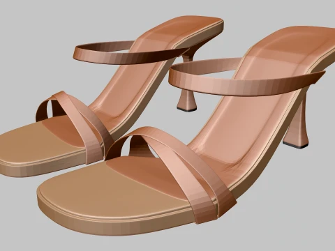 Round-Toe Triple-Straps Spool-Heel Slide Sandals 01 3D Model
